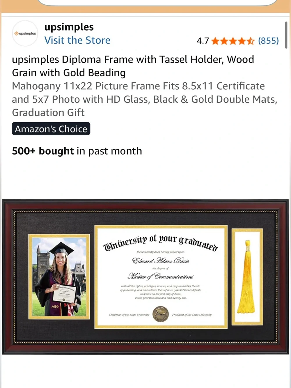 Diploma Mahogany Frame with Black & Gold Double Mats